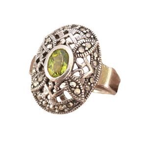Vintage Sterling Peridot Marcasite Oval Openwork Ring